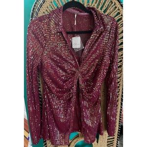 FREE PEOPLE SEQUIN SHIRTEE MAROON NWT SZ L
